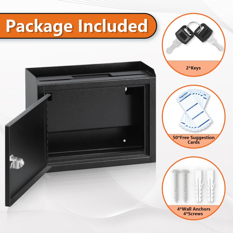 KYODOLED Suggestion Box with Lock and Slot, Small Locking Mailbox for Office, Wall Mount Safe Money/Key Drop Box with 50 Free Suggestion Cards, 9.8" W x 3" D x 7" H, Black - Image 5